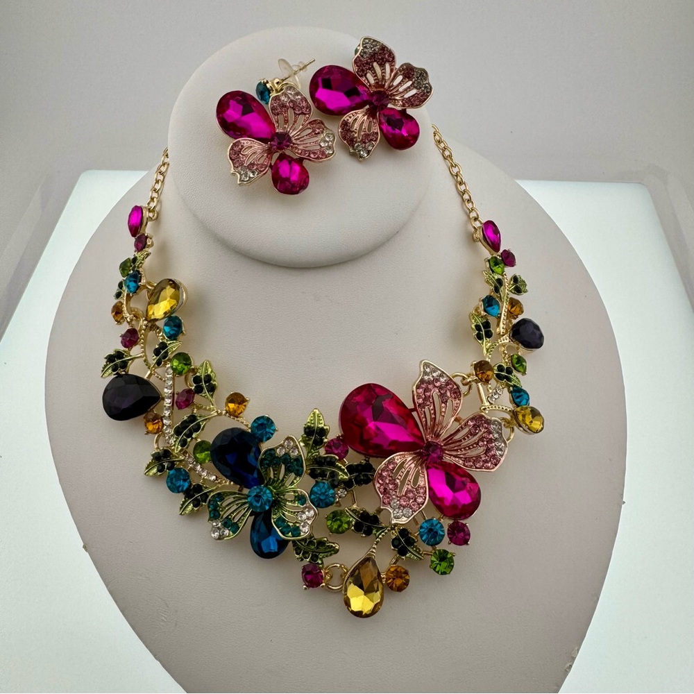 Vibrant Flower Garden Jewelry Set Glass and Rhinestones